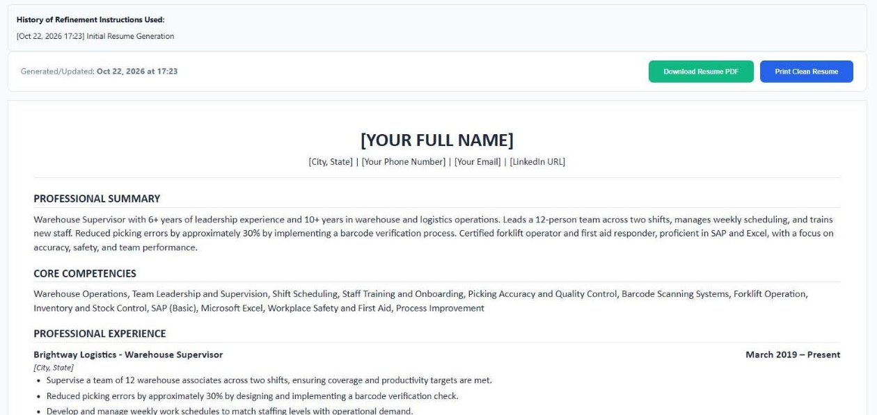 A generated resume in the preview